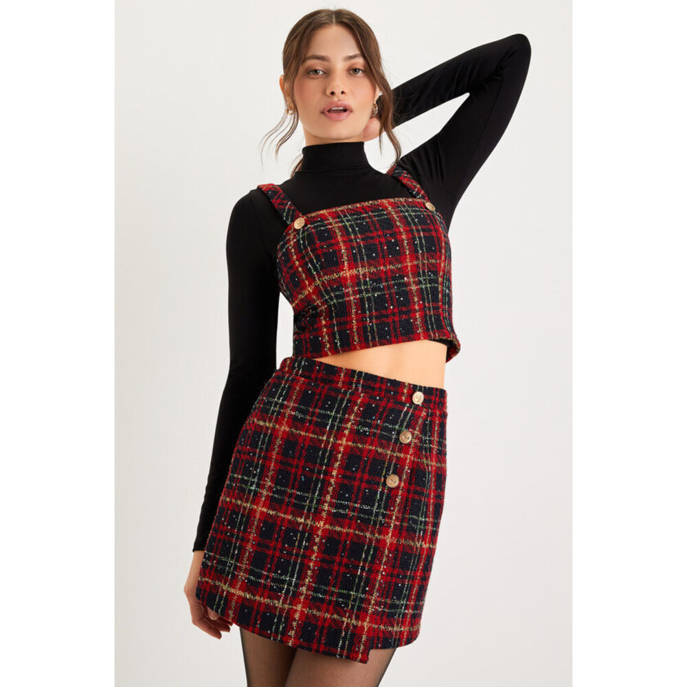 Lulus Adorably Posh Navy Blue And Red Plaid Tweed Faux-wrap Mini Skirt - Size L